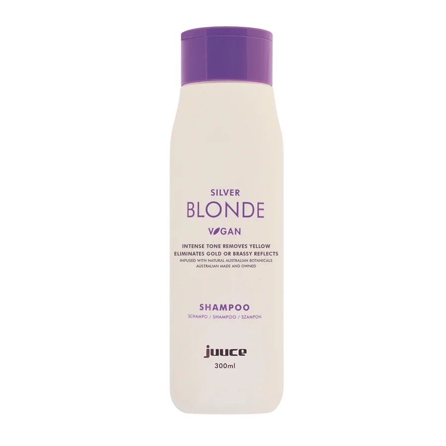 JUUCE Silver Blonde shampoo bottle with purple cap, 300 ml