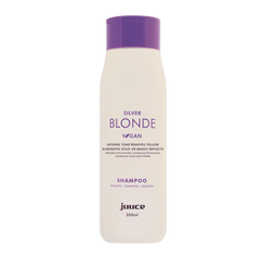 JUUCE Silver Blonde shampoo bottle with purple cap, 300 ml