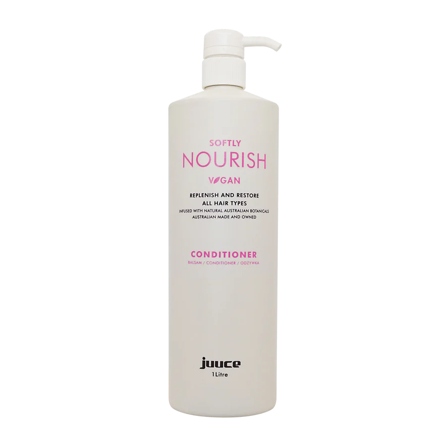 JUUCE Softly Nourish conditioner bottle, 1 litre, white pump dispenser