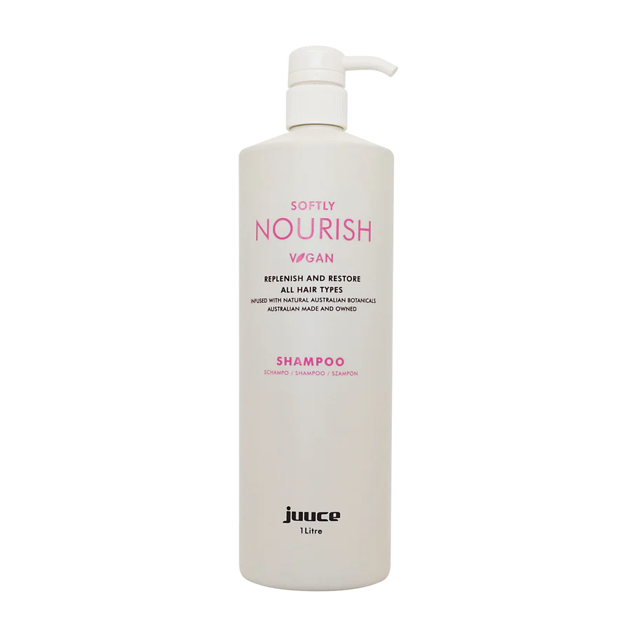 JUUCE Softly Nourish vegan shampoo bottle, 1 L, white with pink label