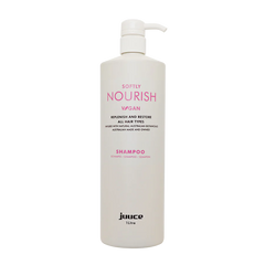 JUUCE Softly Nourish vegan shampoo bottle, 1 L, white with pink label