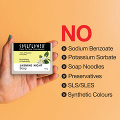 Handheld Jasmine night soap box with preservative-free checklist, 150 g