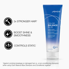 Joico Color Balance Blue conditioner tube with feature icons on side, blue and white