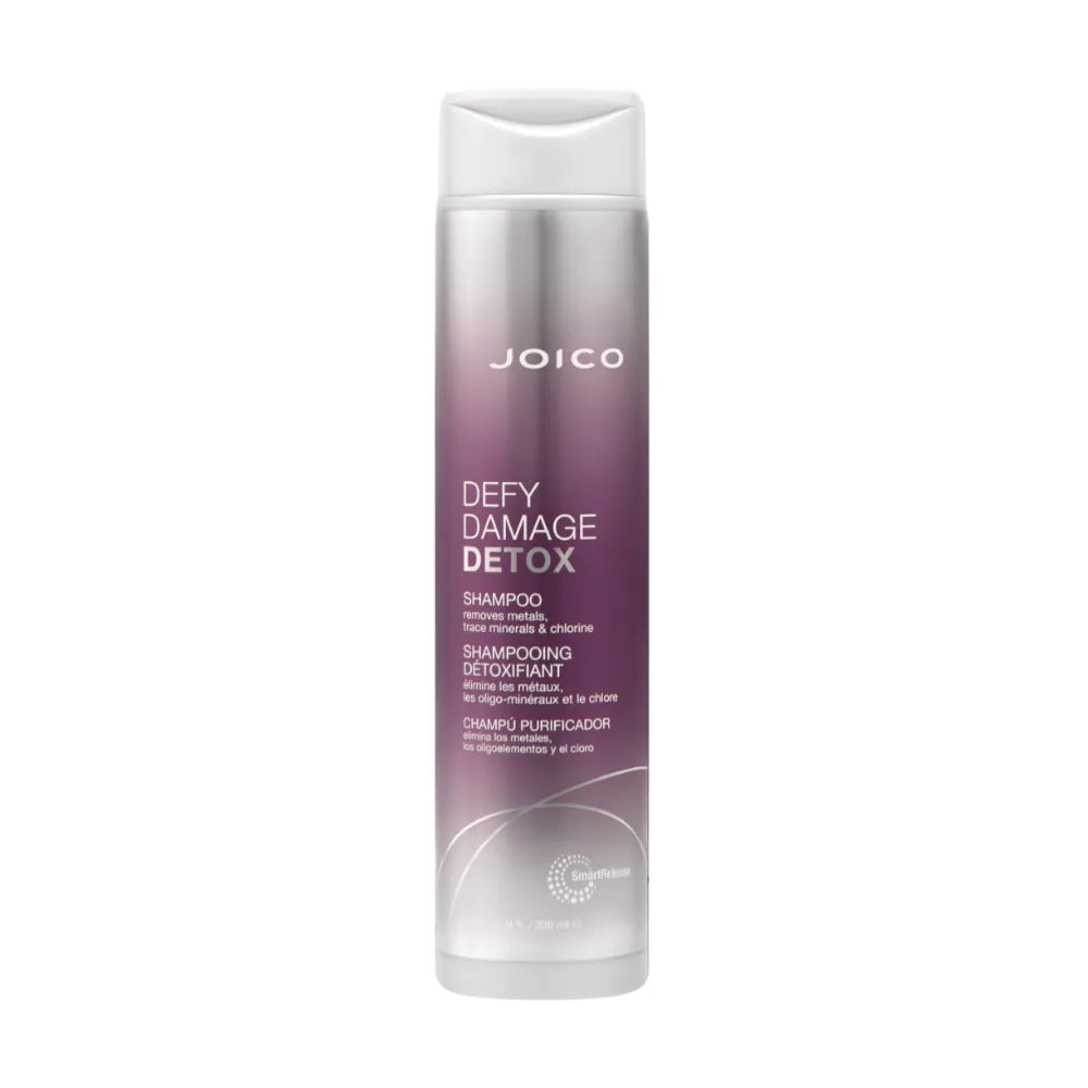Hair shampoo bottle, white and purple gradient, Joico Defy Damage Detox