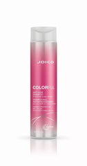 Joico colorful anti-fade shampoo bottle, clear body with pink label and white cap