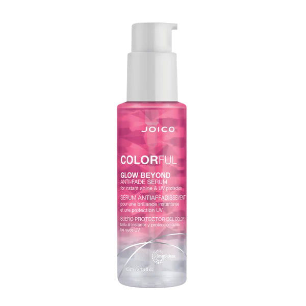 Joico Colorful Glow anti-fade serum bottle with pink liquid and pump, 63 ml