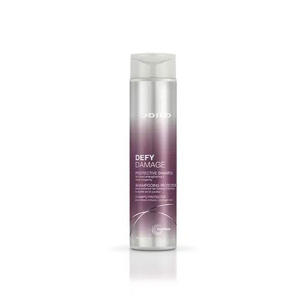 Joico Defy Damage protective shampoo bottle, silver and purple label, 300 ml
