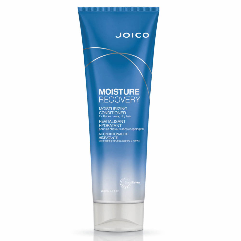 Joico Moisture Recovery conditioner tube, blue with silver cap and white lettering