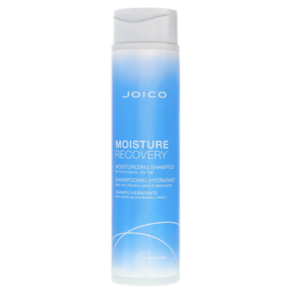 Blue shampoo bottle with white cap, Joico Moisture Recovery label.