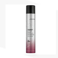 Hair finishing spray bottle with black cap, white Joico Power Spray label