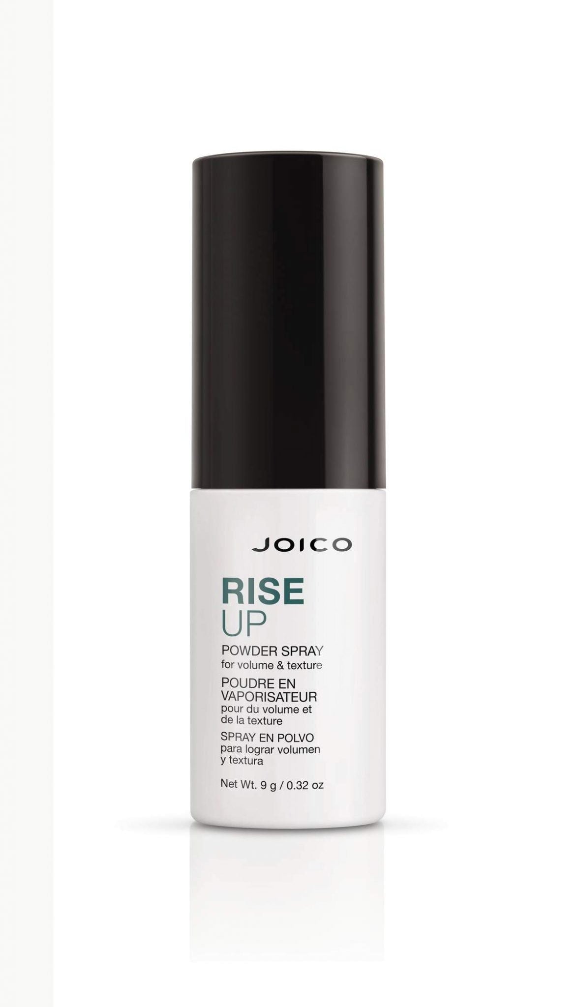 Joico RISE UP powder spray bottle with black cap, white label, 9 g