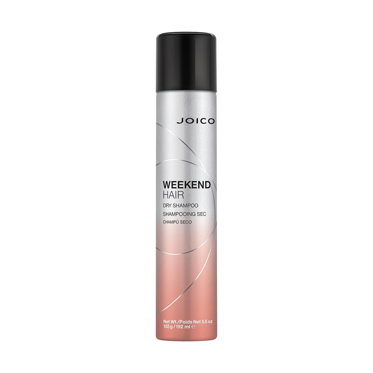 Joico Weekend hair dry shampoo aerosol bottle, black cap and light pink bottle.