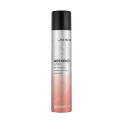 Joico Weekend hair dry shampoo aerosol bottle, black cap and light pink bottle.