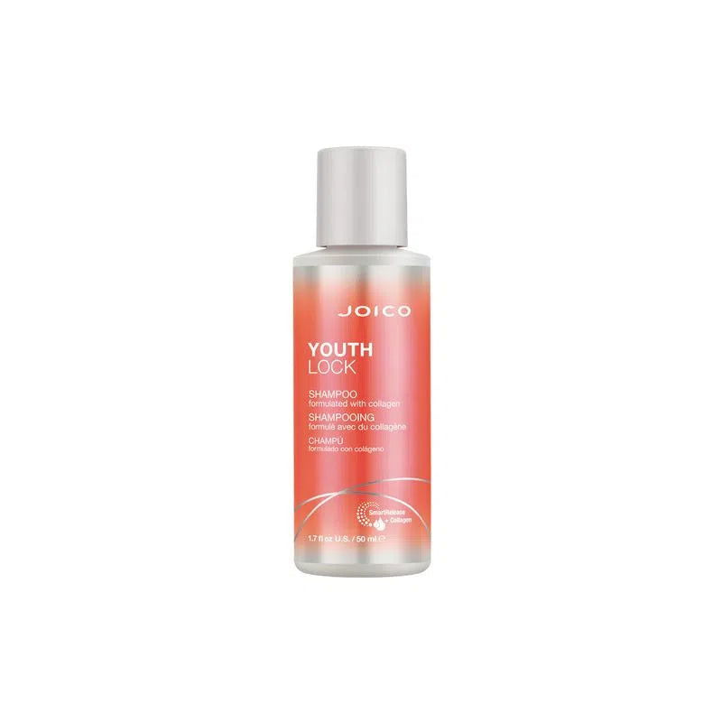 Joico YouthLock shampoo bottle with white cap, transparent body and orange label