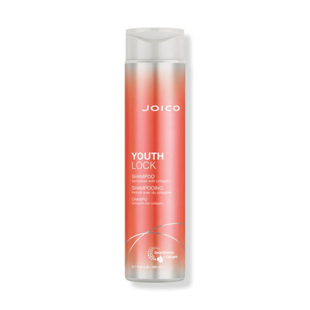 Joico Youth Lock shampoo bottle, red with clear cap