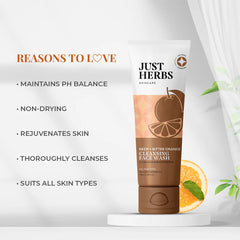 Cleansing face wash tube on white platform with 'Reasons to love' text list