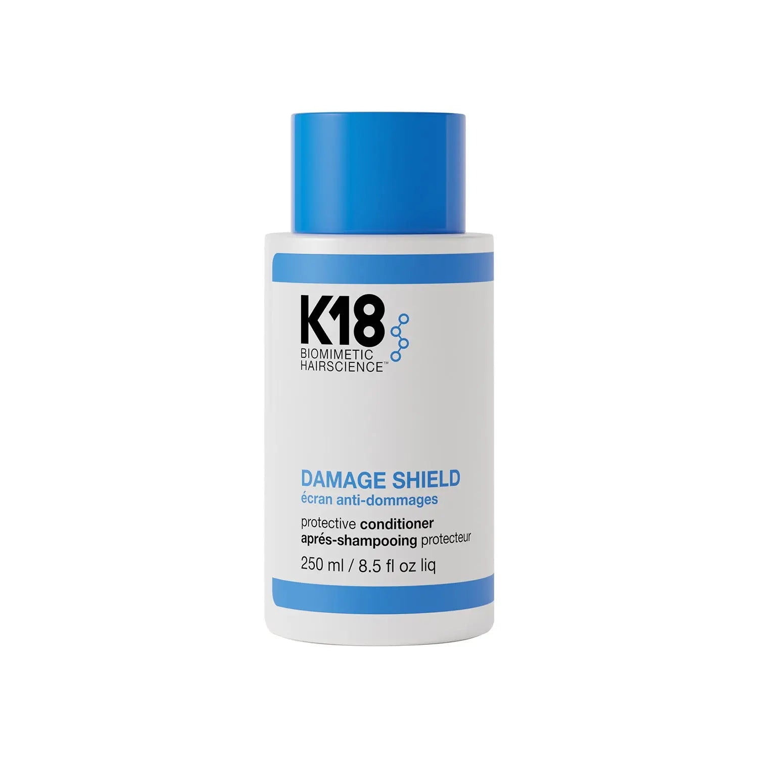 K18 Damage Shield protective conditioner bottle with blue cap.