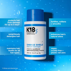 K18 Damage Shield protective conditioner bottle with blue cap and white label.
