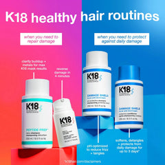 K18 Damage Shield protective conditioner trio of bottles with blue caps.