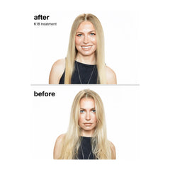 K18 leave-in molecular repair hair mask treatment shown on straight hair, after