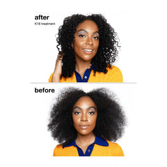 K18 leave-in molecular repair hair mask treatment shown on curly hair, after