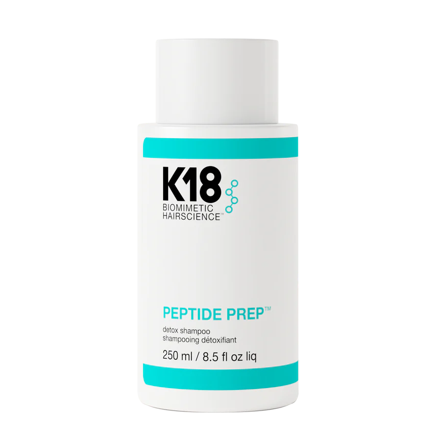 K18 Peptide Prep detox shampoo bottle, white with turquoise band, 250 ml