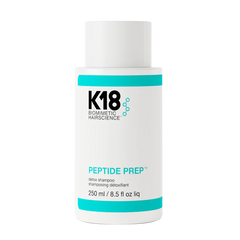 K18 Peptide Prep detox shampoo bottle, white with turquoise band, 250 ml