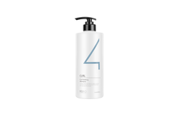 KOBO curl shampoo bottle with black pump, white with blue accent