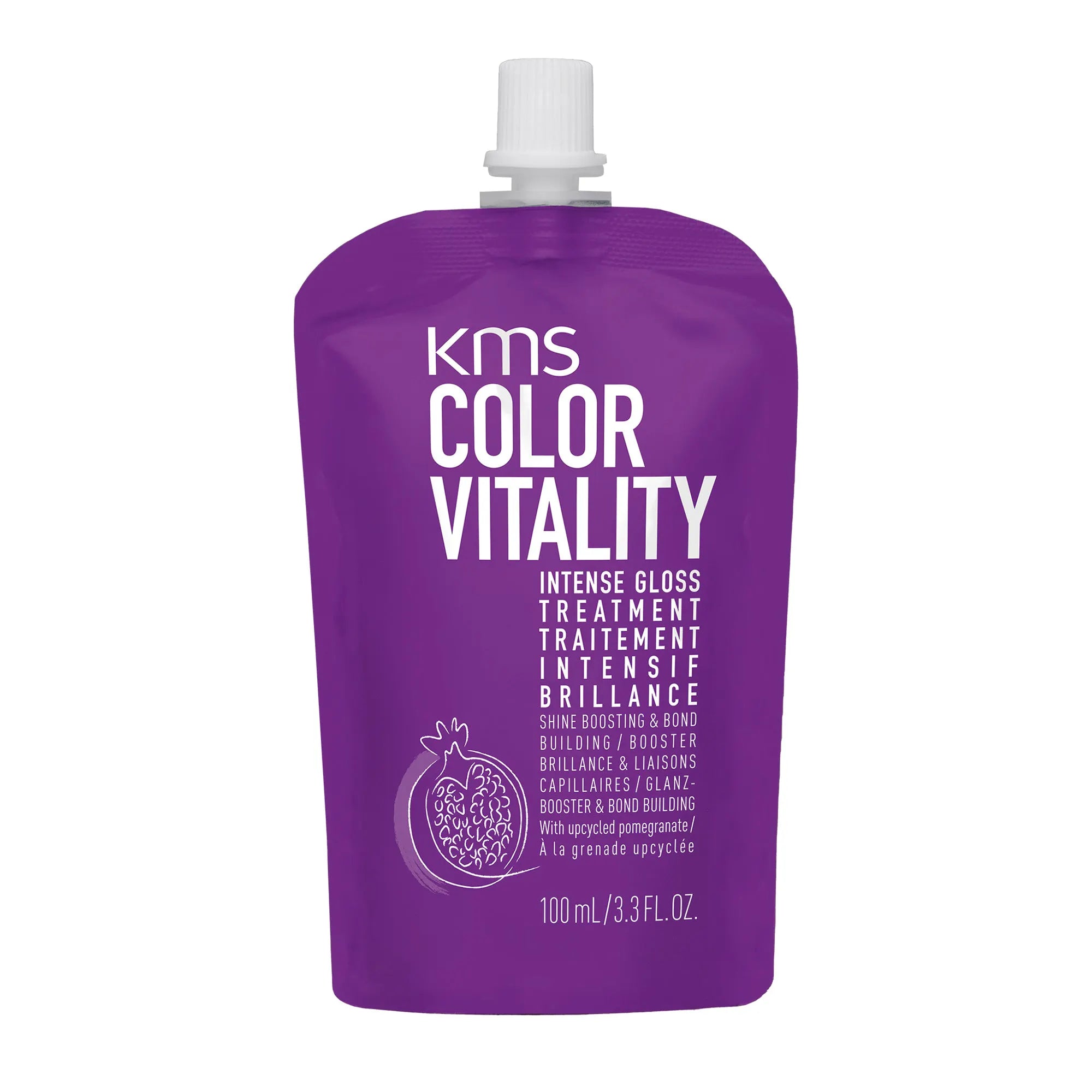 Hair gloss treatment bottle in purple with white screw cap, 100 ml pouch
