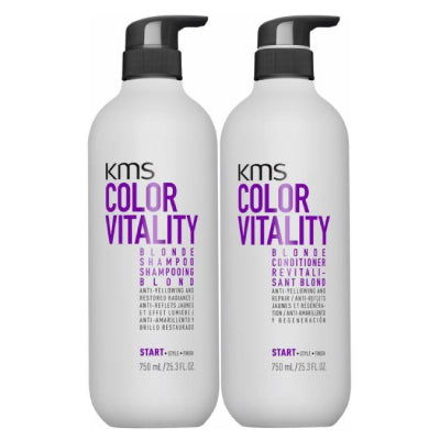 Two KMS Color Vitality blonde shampoo bottles with black pumps, 750 ml each