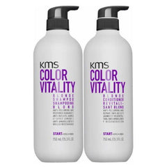 Two KMS Color Vitality blonde shampoo bottles with black pumps, 750 ml each