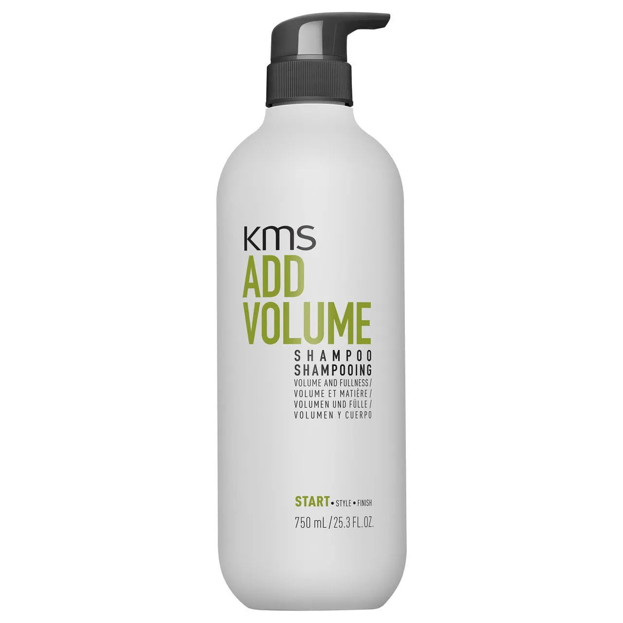 KMS Add Volume shampoo bottle, white with black pump, 750 ml