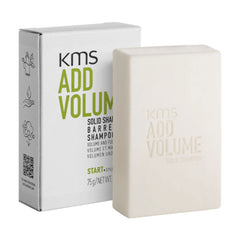 Solid shampoo bar and KMS Add Volume box, white bar with embossed logo