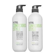 KMS Conscious Style Duo bottles: everyday conditioner and shampoo with black pumps