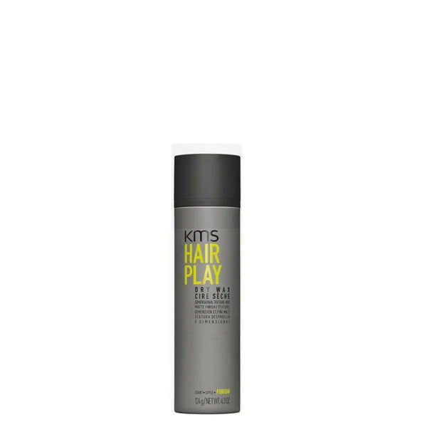 KMS Hair Play dry wax hair styling spray can, cylindrical grey bottle with black cap