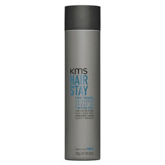 Hair finishing hairspray can with black cap and gray label