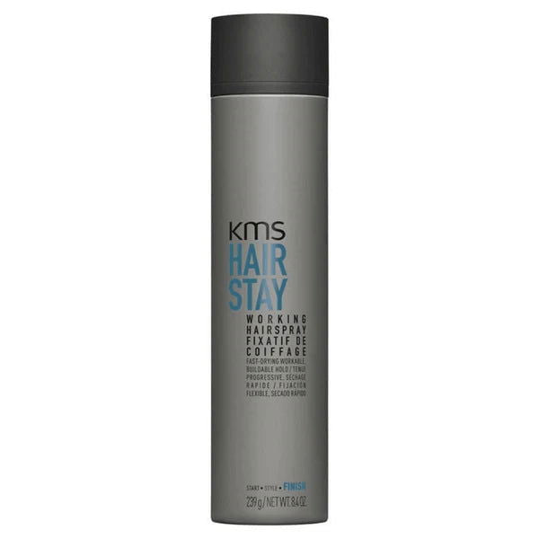 KMS Hair Stay working hairspray bottle, black cap, gray bottle, 300 ml