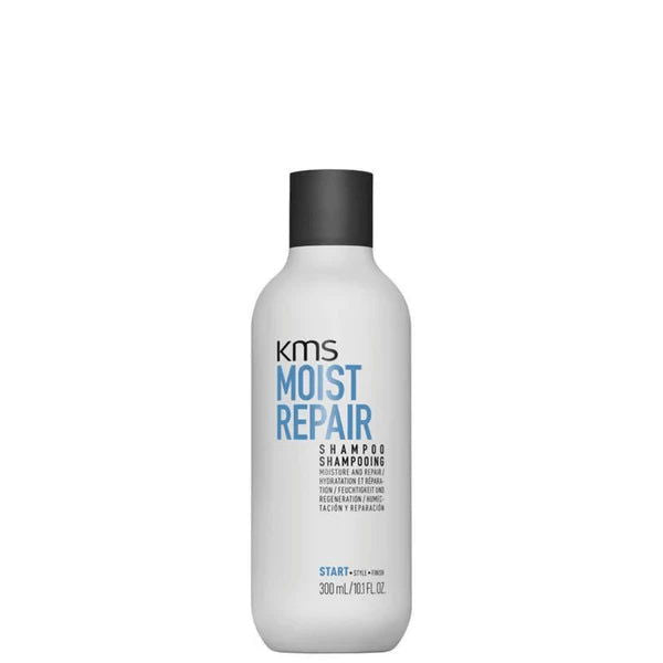 Moist repair shampoo bottle with black cap, white bottle, KMS label, 300 ml