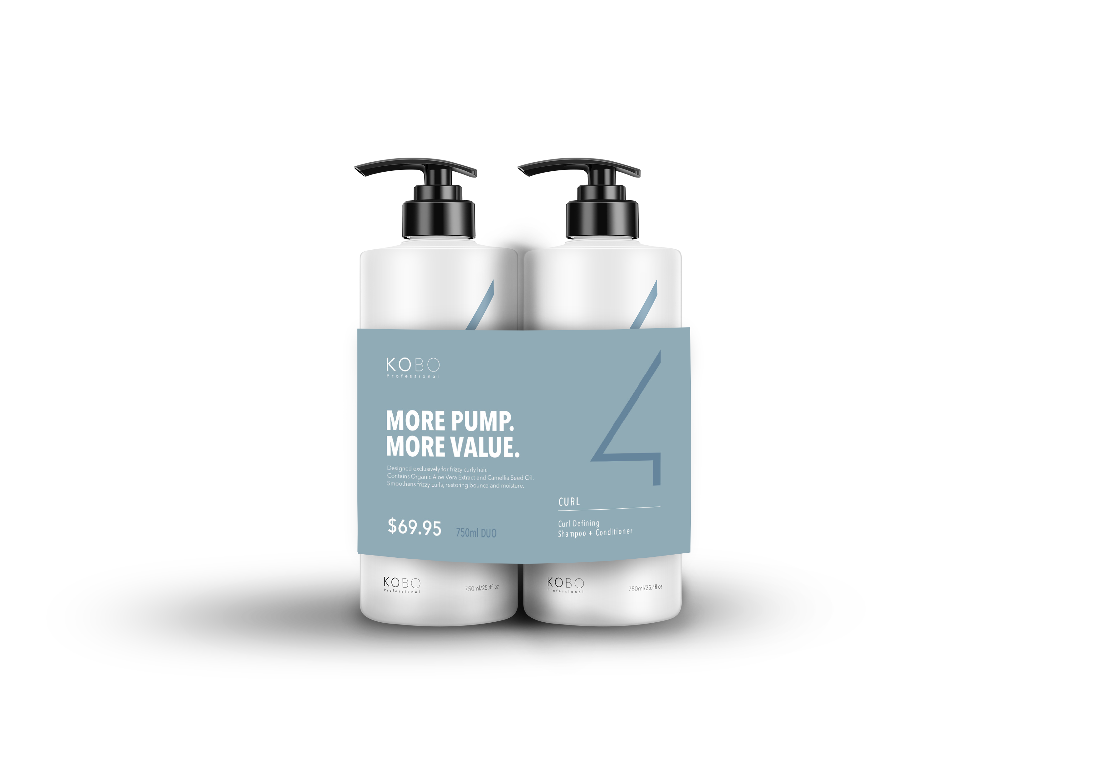 KOBO curl shampoo and conditioner duo, two white pump bottles