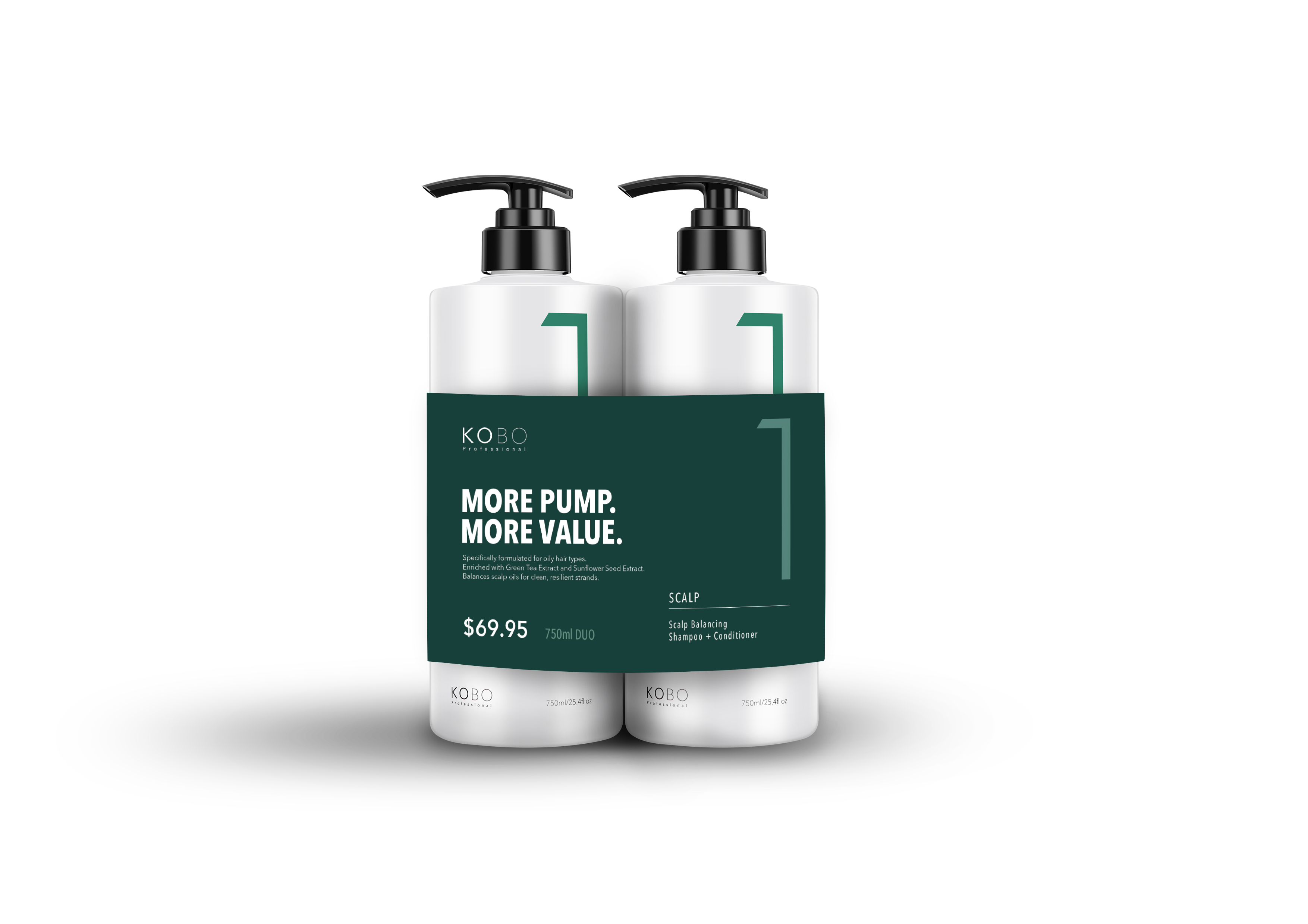 KOBO scalp shampoo & conditioner duo: two 750ml pump bottles, black dispensers, green labels