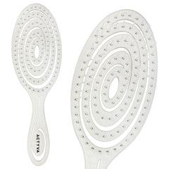 Actyva white oval hairbrush with pin-studded cushion and curved handle, two views