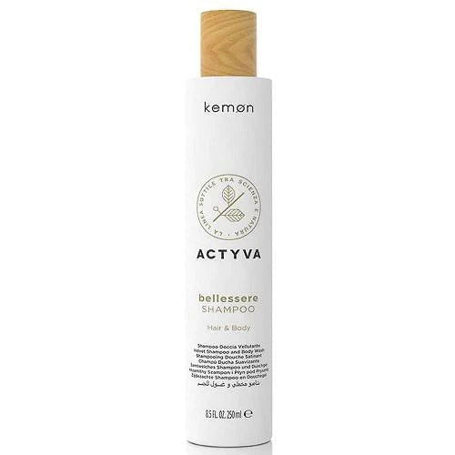 kemon Actyva shampoo for hair & body, 250 ml bottle, white with wood cap