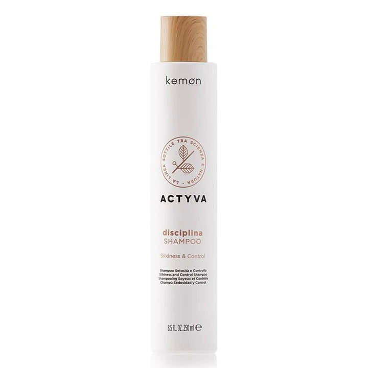 Kemon Actyva disciplina shampoo bottle, white bottle with wooden cap, 250 ml