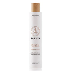 Kemon Actyva disciplina shampoo bottle, white bottle with wooden cap, 250 ml