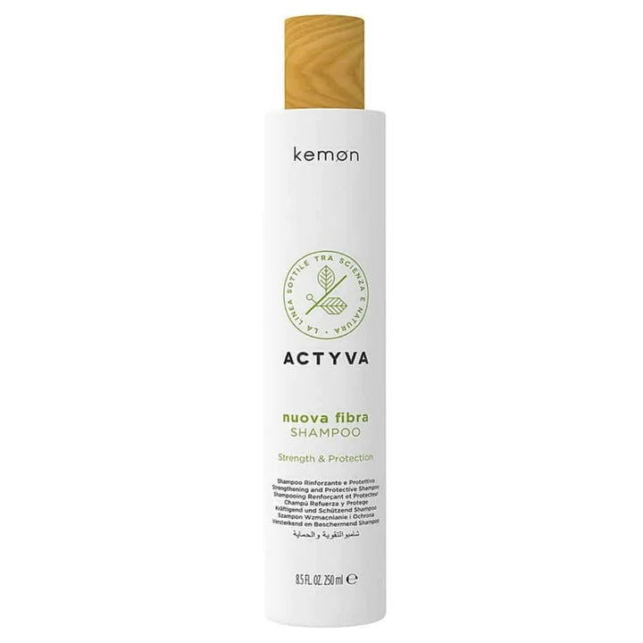 Kemon Actyva Nuova Fibra shampoo bottle, 250 ml, white with beige cap