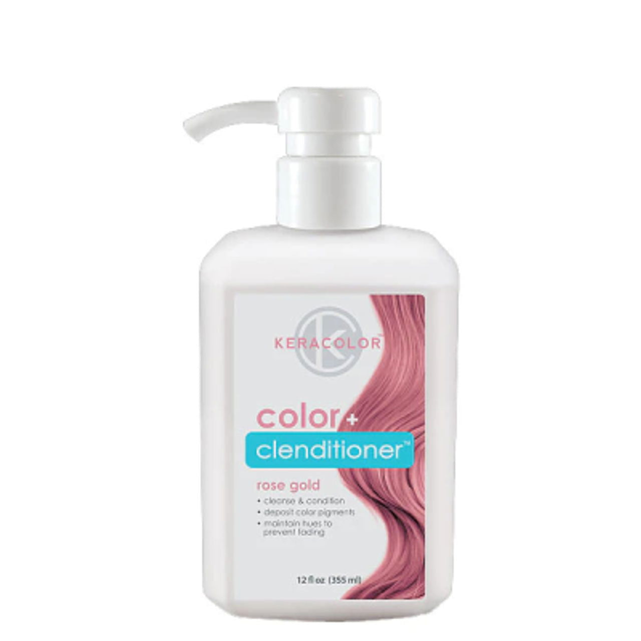 Hair color clenditioner bottle, rose gold shade, white pump and label.