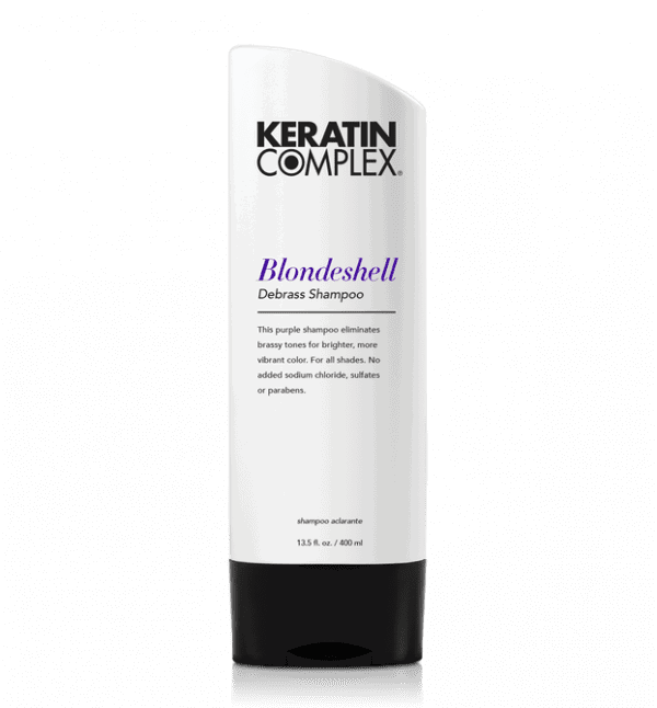 Keratin Complex Blondeshell shampoo bottle, white label with black base