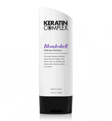 Keratin Complex Blondeshell shampoo bottle, white label with black base