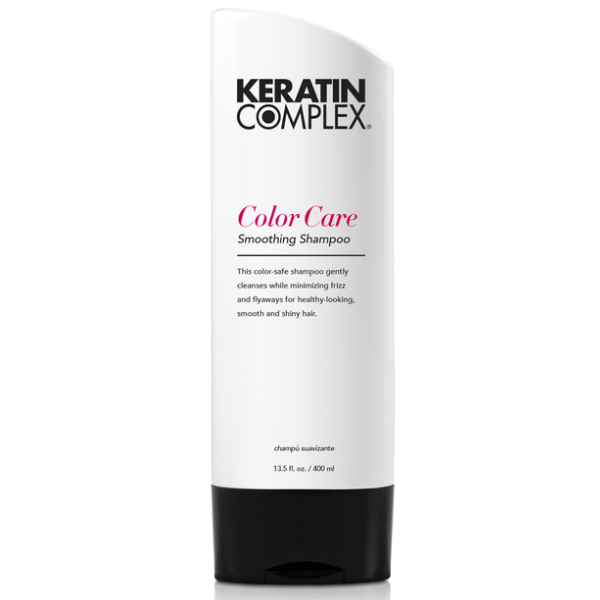 Keratin Complex Color Care smoothing shampoo bottle, white with black base, 400 ml