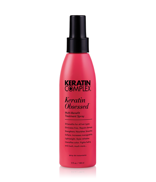 Keratin Complex Keratin Obsessed treatment spray bottle, red-pink with black cap